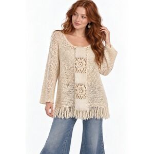 Sao Paulo Boho Open Knit Sweater Women 8 Cream Crochet Fringe Floral Fairy Ramie